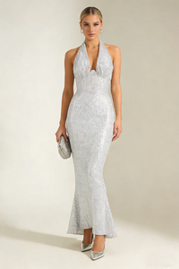 Barron Halter Sequin Embellished Gown In White