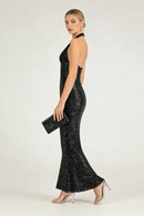 Barron Halter Sequin Embellished Gown In Black