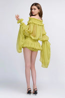 Cemach Off Shoulder Ruched Dress Set In Chartreuse