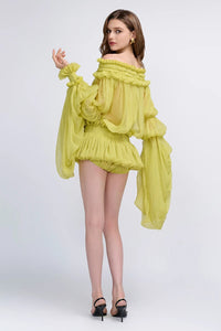 Cemach Off Shoulder Ruched Dress Set In Chartreuse