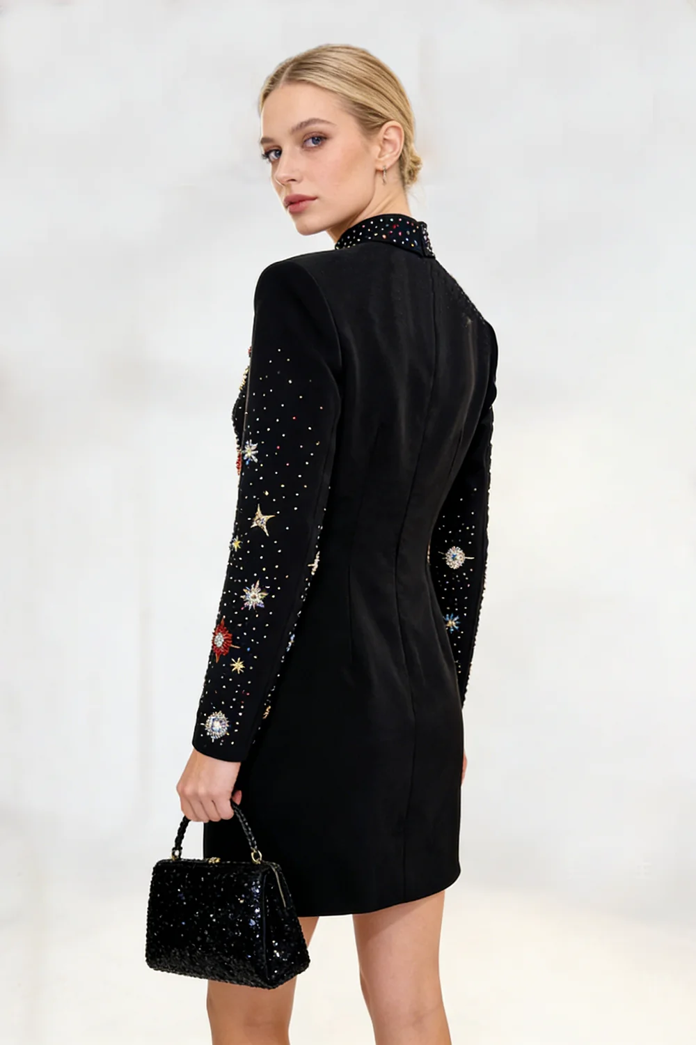 Nereus Long Sleeve Crystal Embellished Mini Dress In Black