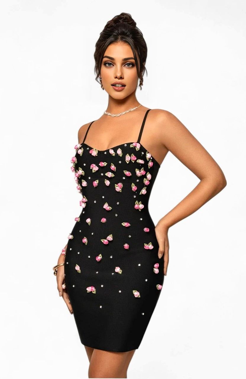Athelis Floral Pearl Midi Dress In Black