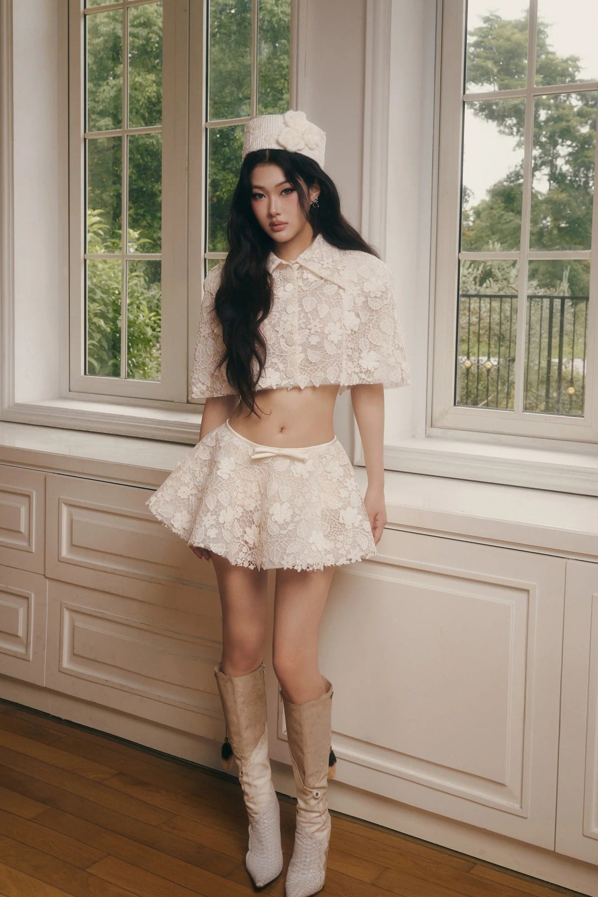 Wexler Cream Floral Embroidered Cape & Skirt Set