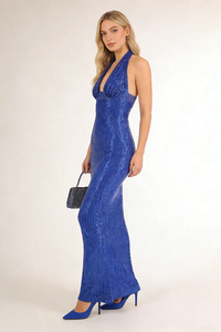 Barron Halter Sequin Embellished Gown In Blue