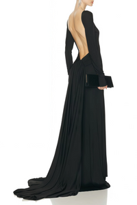 Meghyn Long Sleeve Draped Backless Maxi Dress In Black