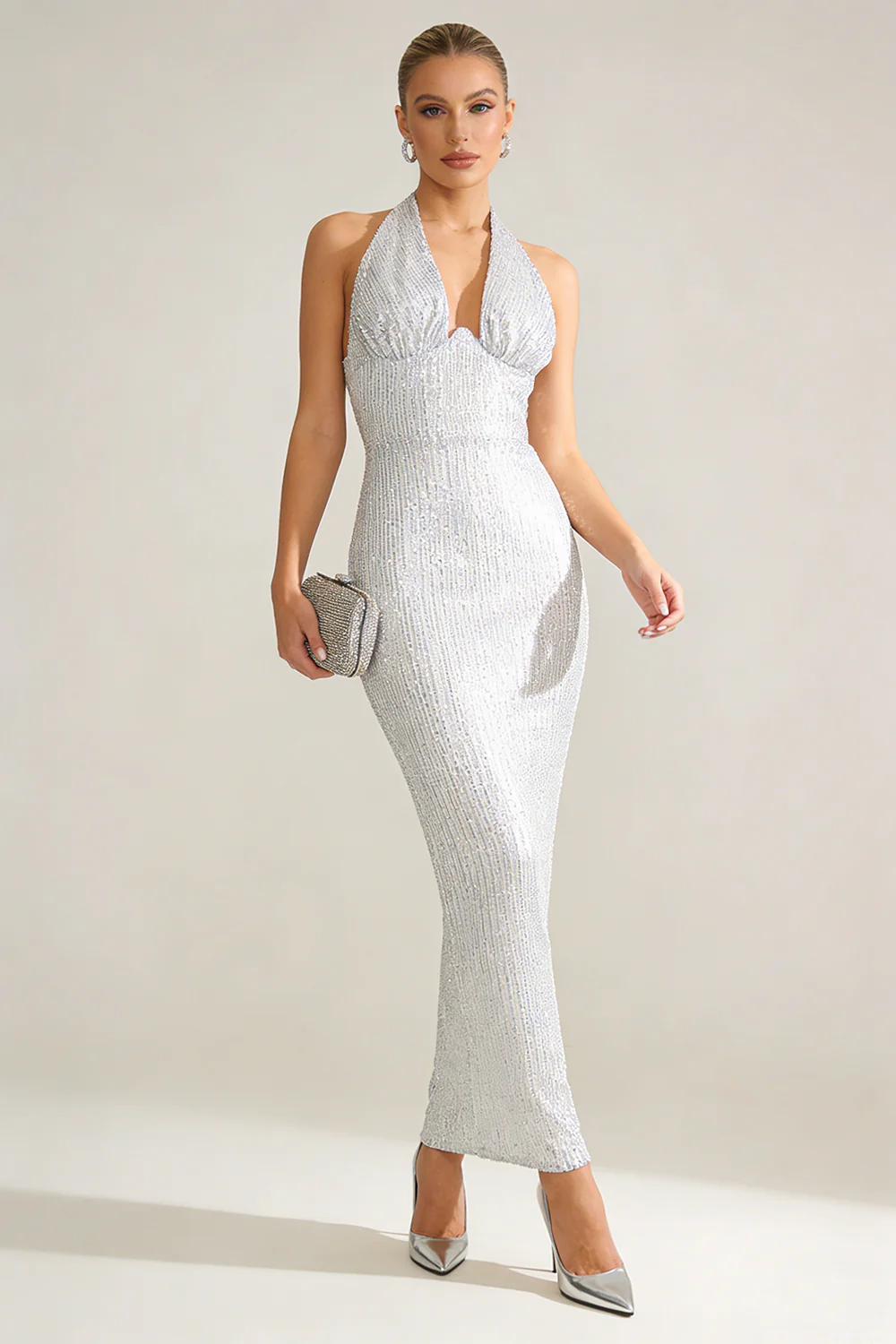 Barron Halter Sequin Embellished Gown In White