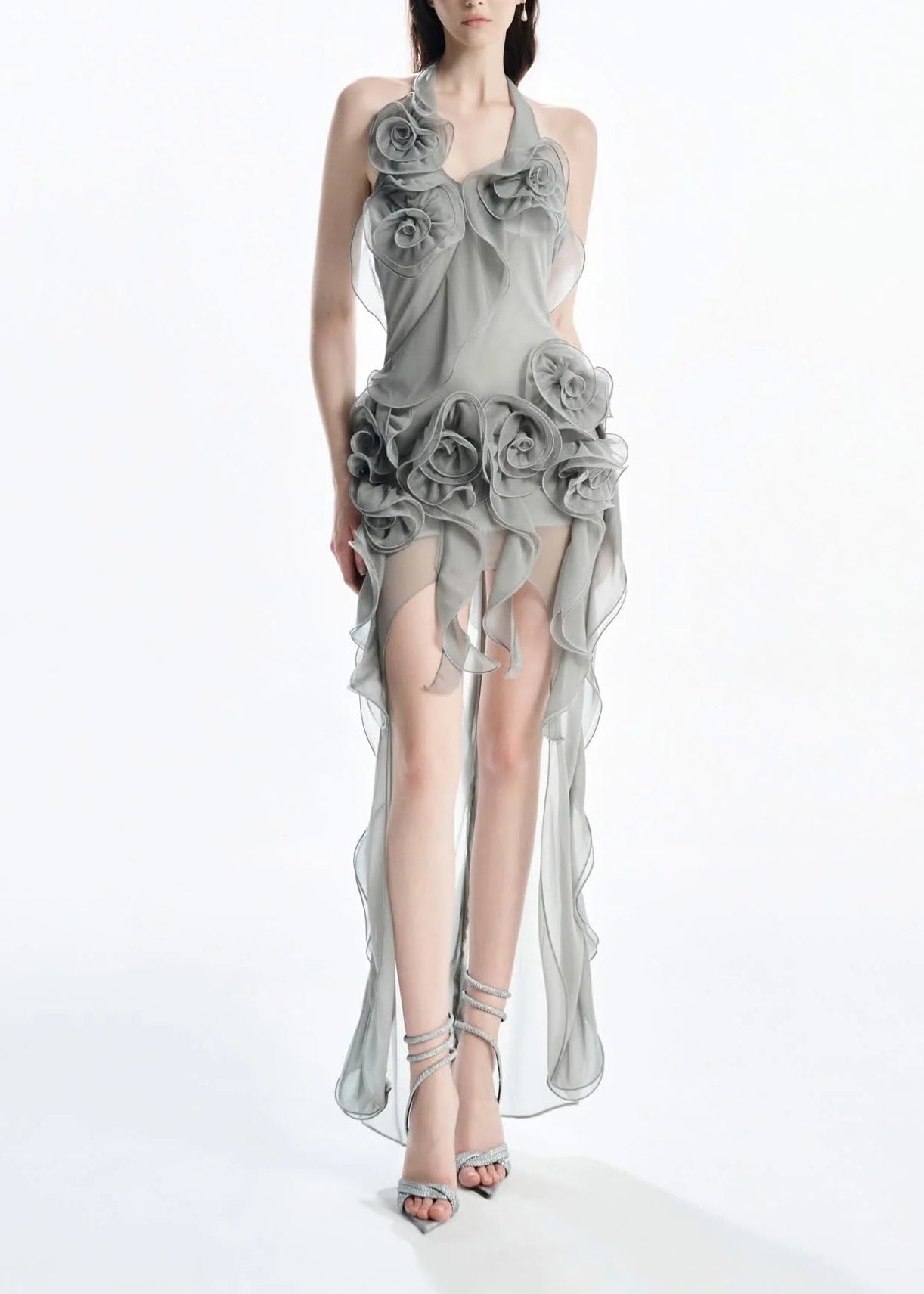 Sylora Flower Backless Mesh Mini Dress In Grey