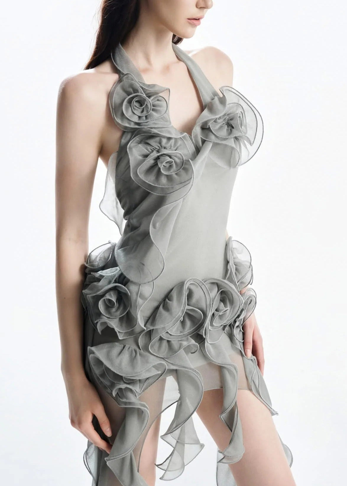 Sylora Flower Backless Mesh Mini Dress In Grey