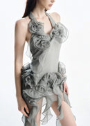 Sylora Flower Backless Mesh Mini Dress In Grey