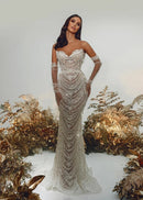 Dalida Strapless Pearl Crystal Lace Maxi Dress In White