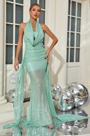 Orenthal Cowl Backless Sequin Maxi Dress In Green