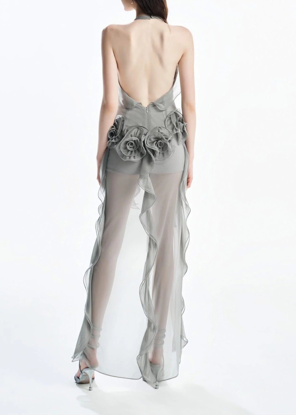 Sylora Flower Backless Mesh Mini Dress In Grey