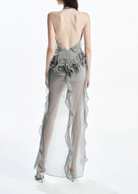 Sylora Flower Backless Mesh Mini Dress In Grey
