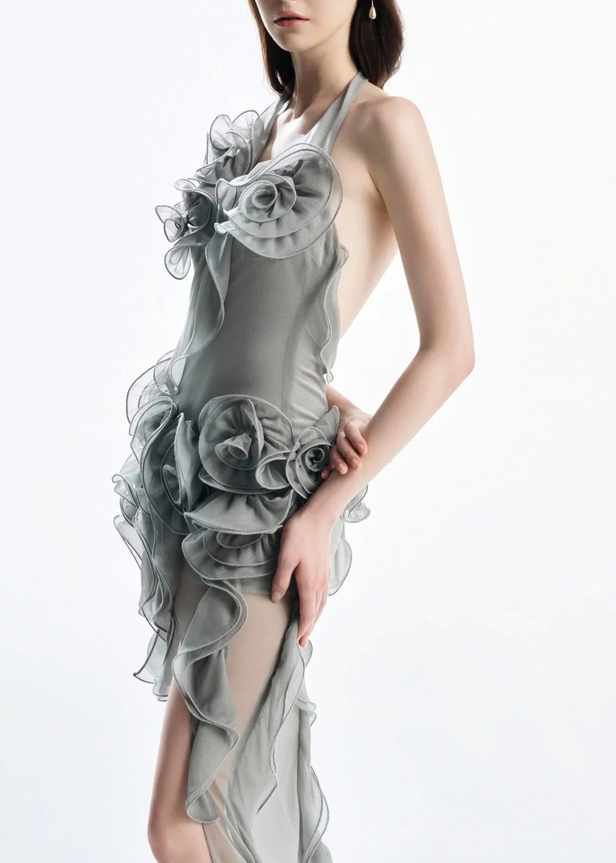 Sylora Flower Backless Mesh Mini Dress In Grey