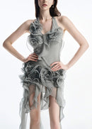 Sylora Flower Backless Mesh Mini Dress In Grey