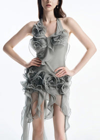 Sylora Flower Backless Mesh Mini Dress In Grey