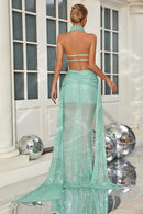 Orenthal Cowl Backless Sequin Maxi Dress In Green