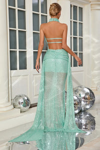 Orenthal Cowl Backless Sequin Maxi Dress In Green