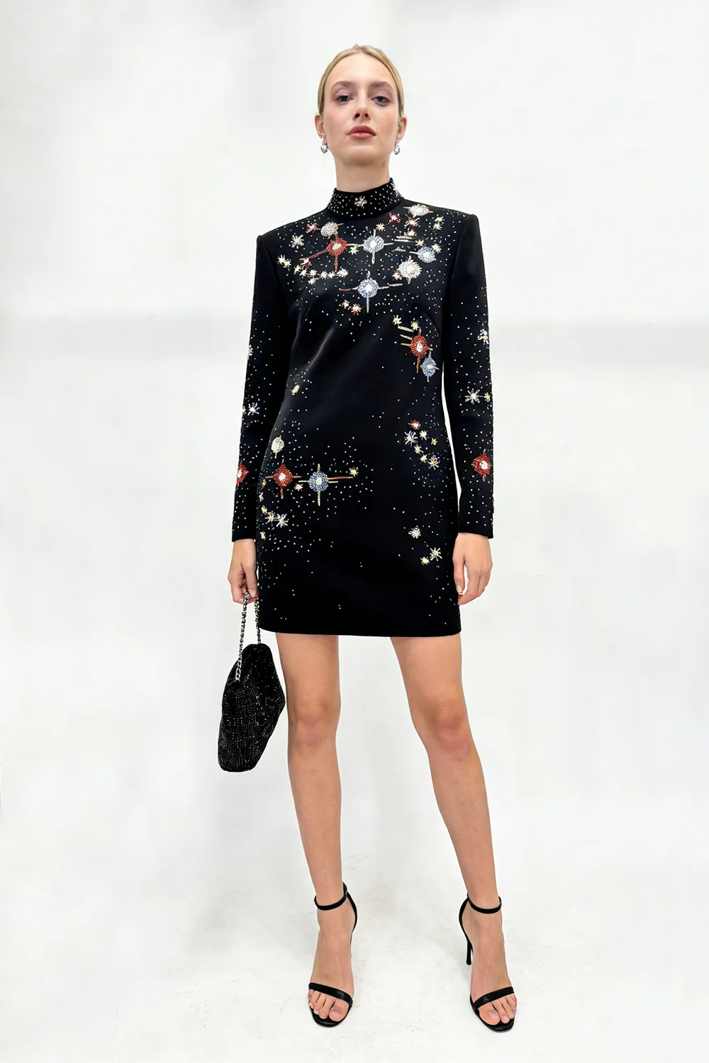Nereus Long Sleeve Crystal Embellished Mini Dress In Black