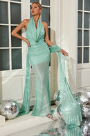 Orenthal Cowl Backless Sequin Maxi Dress In Green