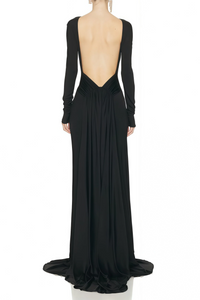 Meghyn Long Sleeve Draped Backless Maxi Dress In Black