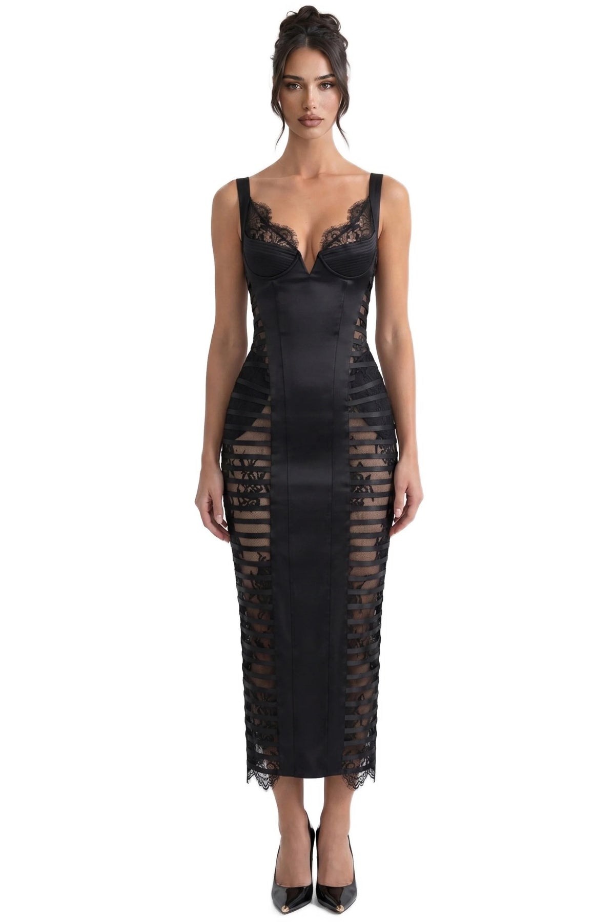 Fawzia Spaghetti Lace Bodycon Midi Dress In Black