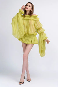 Cemach Off Shoulder Ruched Dress Set In Chartreuse