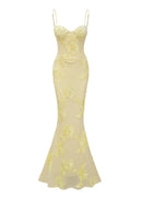 Dichen Yellow Floral Appliqué Corset Maxi Dress