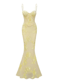 Dichen Yellow Floral Appliqué Corset Maxi Dress