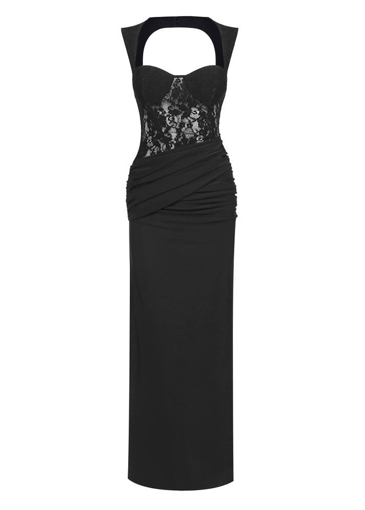 Luxyvar Lace Bustier Draped Maxi Dress In Black