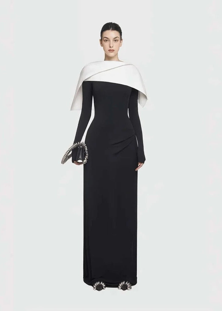 Rabia Draped Asymmetric Shoulder Pleated Maxi Dress In Black