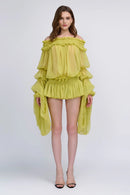 Cemach Off Shoulder Ruched Dress Set In Chartreuse