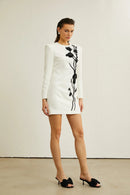 Kaseko Long Sleeve Sequin Floral Detail Mini Dress In White