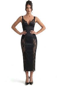Fawzia Spaghetti Lace Bodycon Midi Dress In Black