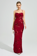 Dichen Red Floral Appliqué Corset Maxi Dress