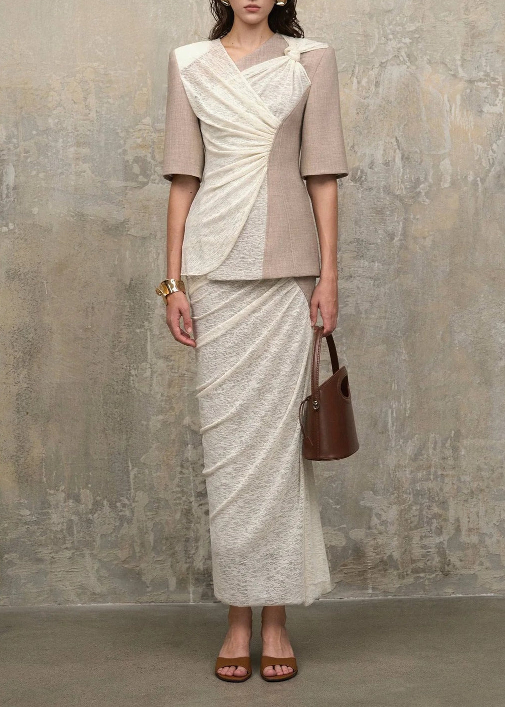 Galessa Bow-Detail Pleated Slit Two-Piece Set