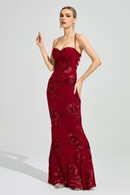 Dichen Red Floral Appliqué Corset Maxi Dress