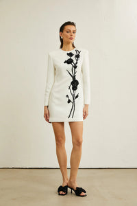Kaseko Long Sleeve Sequin Floral Detail Mini Dress In White