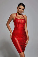 Lakendra Neck Metallic Bandage Dress In Red