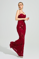 Dichen Red Floral Appliqué Corset Maxi Dress