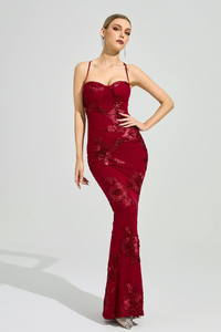 Dichen Red Floral Appliqué Corset Maxi Dress