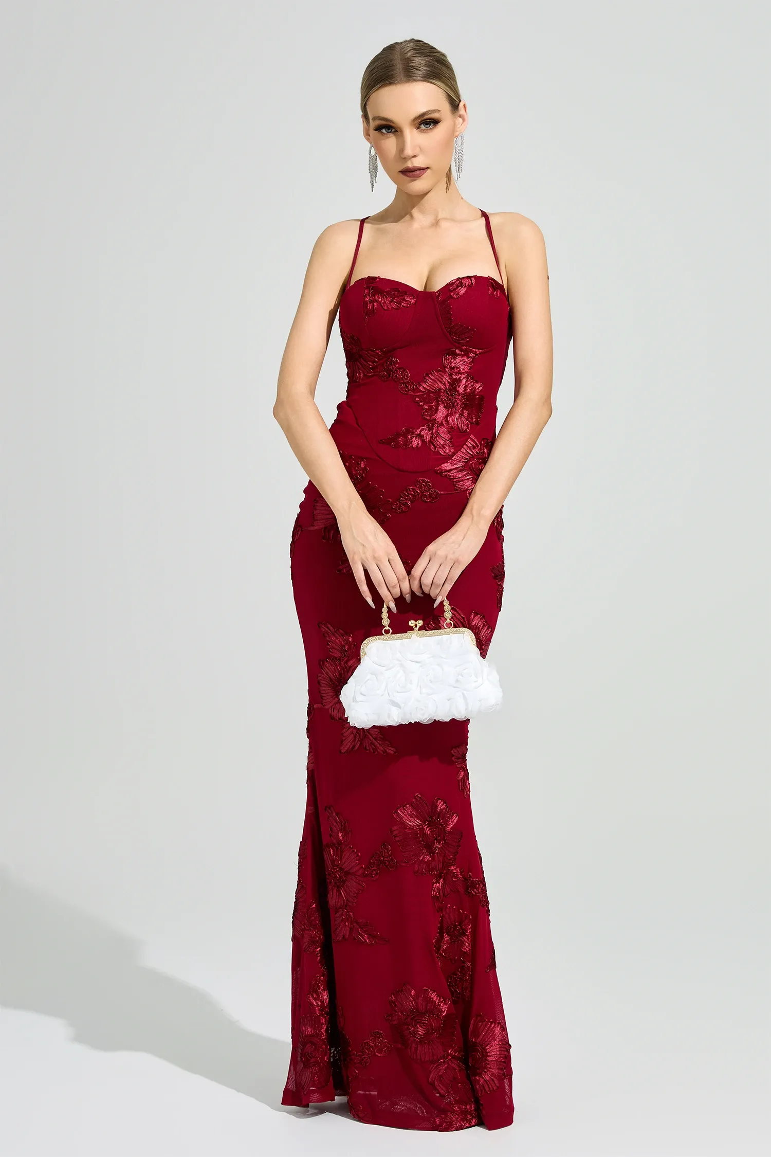 Dichen Red Floral Appliqué Corset Maxi Dress