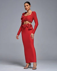 Dellis Flower Bandage Skirt Set In Red
