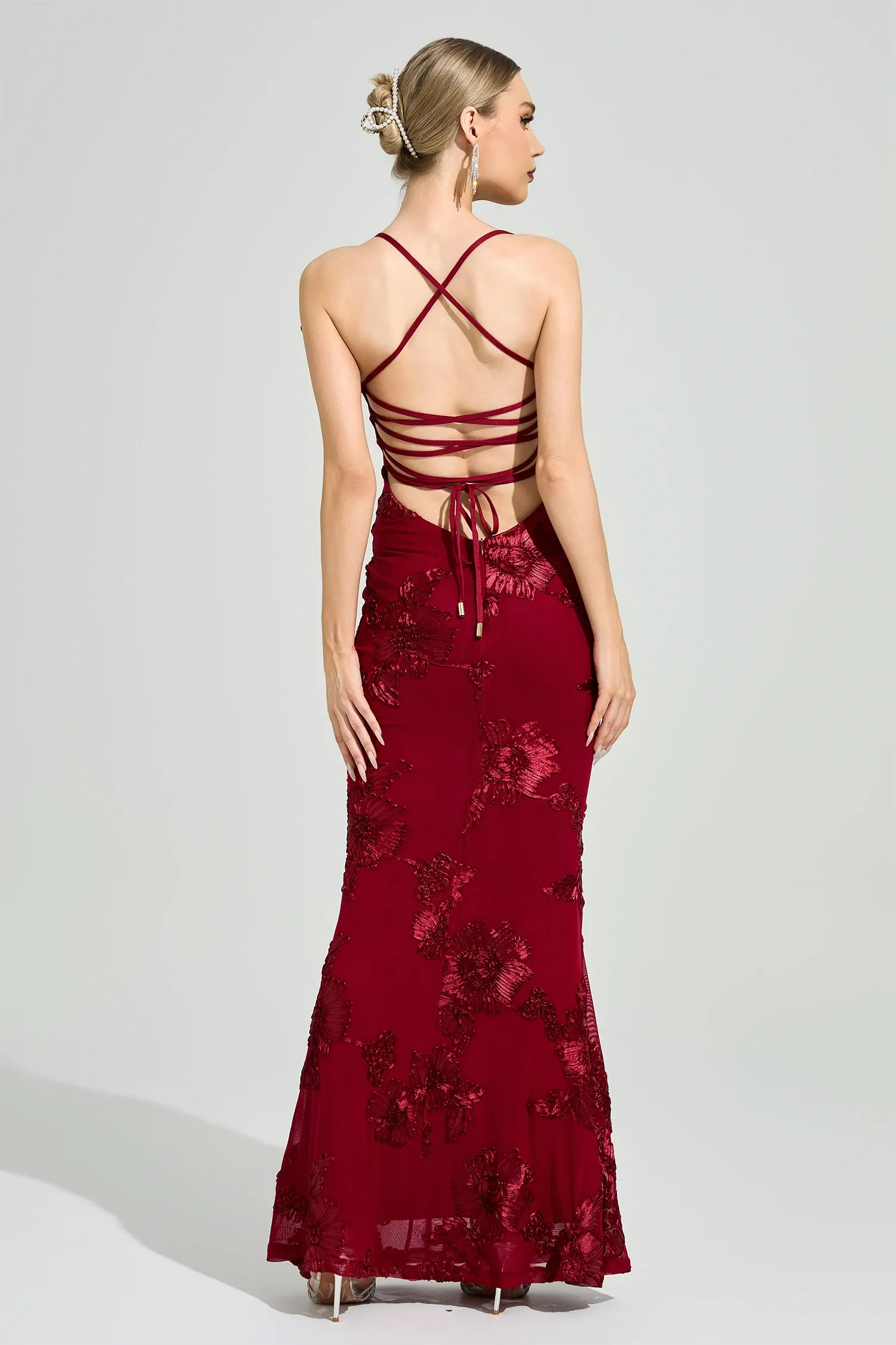 Dichen Red Floral Appliqué Corset Maxi Dress