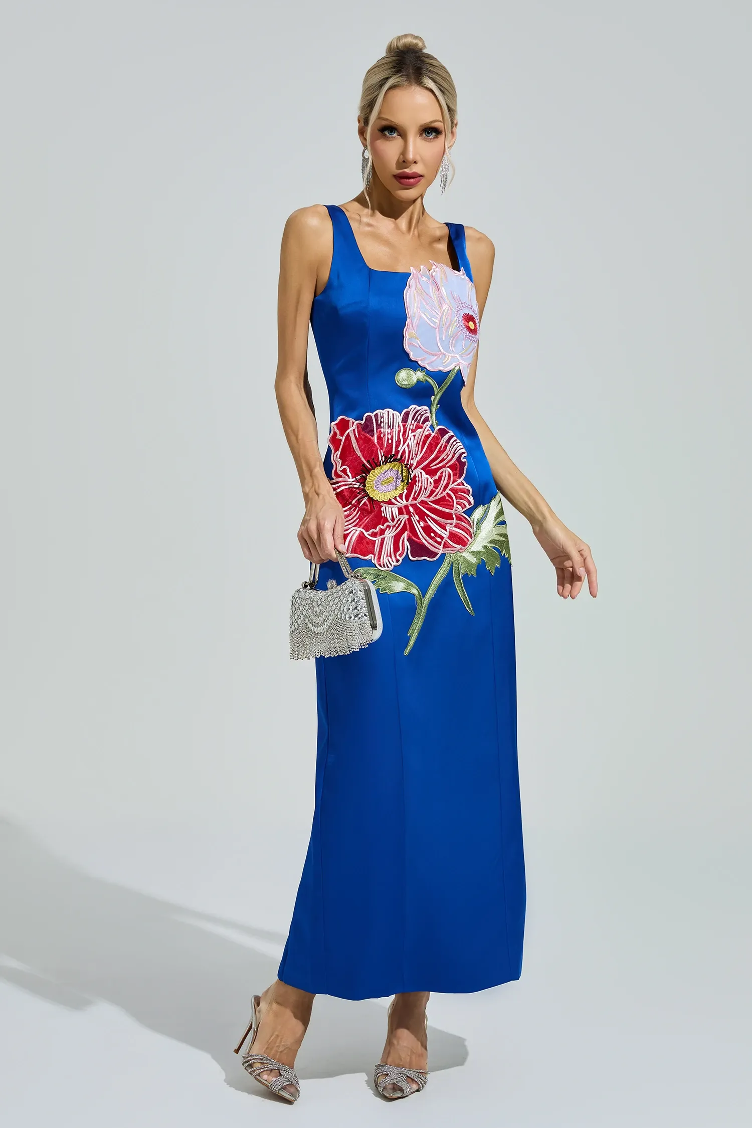 Gabby Blue Floral Embroidered Maxi Dress