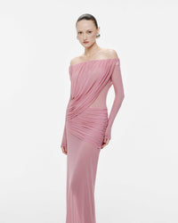 Cryxel Off-Shoulder Draped Mesh Maxi Dress In Pink