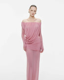 Cryxel Off-Shoulder Draped Mesh Maxi Dress In Pink
