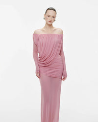 Cryxel Off-Shoulder Draped Mesh Maxi Dress In Pink