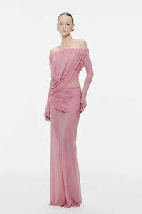 Cryxel Off-Shoulder Draped Mesh Maxi Dress In Pink