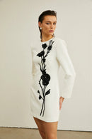 Kaseko Long Sleeve Sequin Floral Detail Mini Dress In White